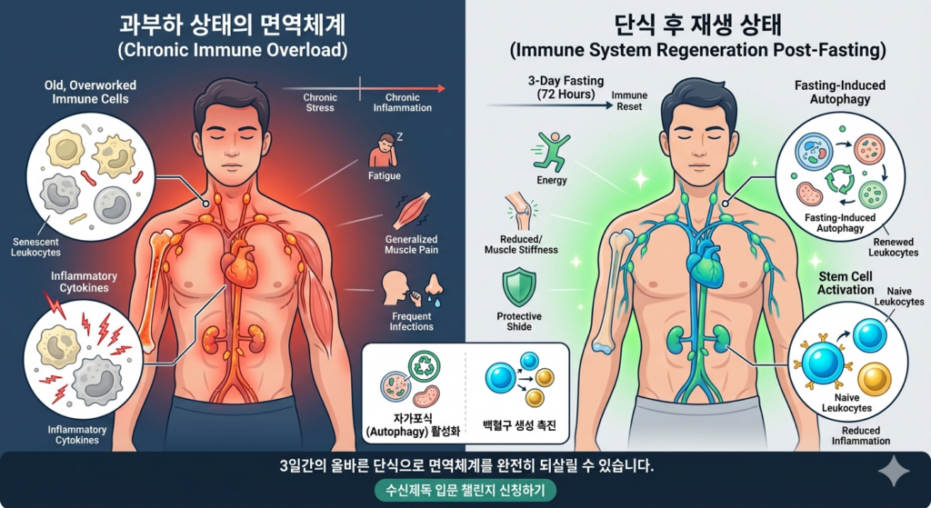 만성 염증과 3일 단식 면역력 회복 비교 일러스트