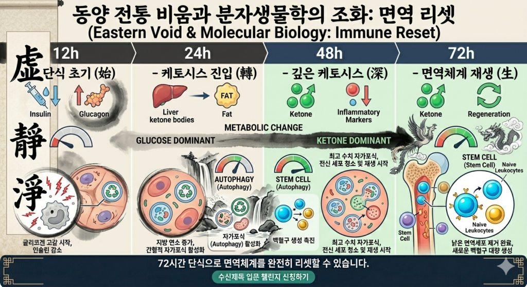 동양 수신제독 원리와 자가포식 과학을 결합한 3일 단식 면역력 개념도