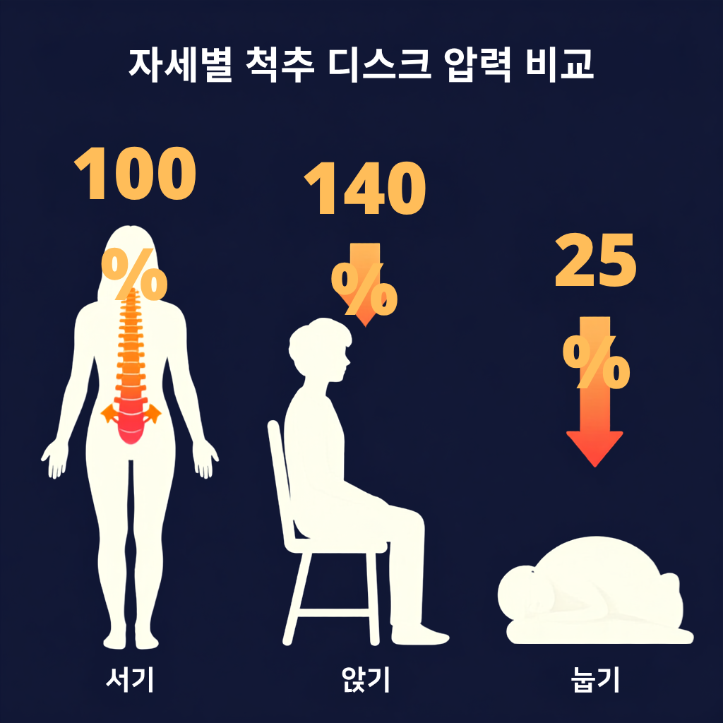 앉을 때 가장 좋은 자세 — 자세별 척추 디스크 압력 비교 도식