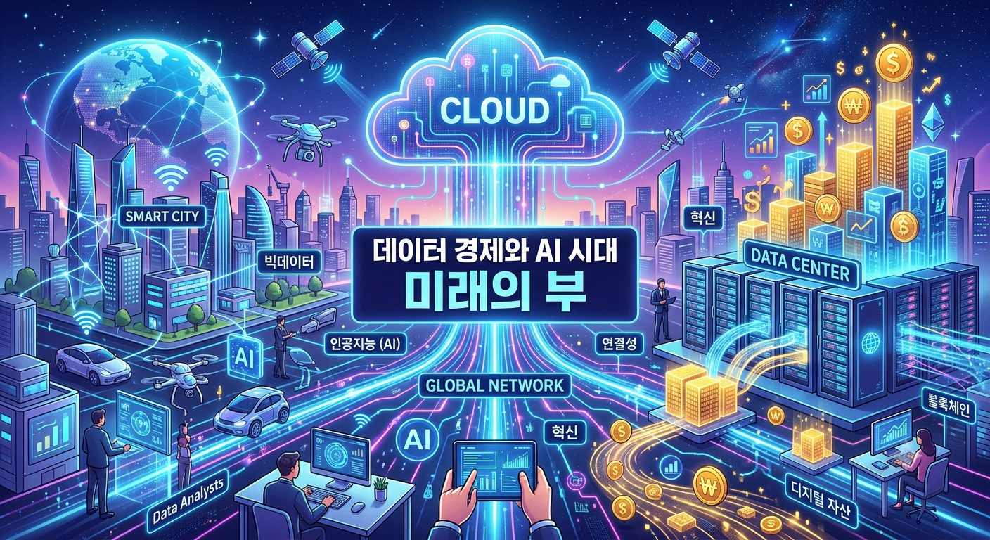 데이터 경제와 인공지능 시대 미래의 부 개념 일러스트
