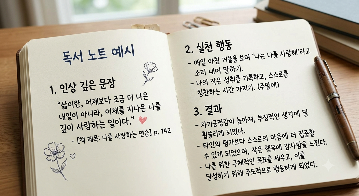 인상 깊은 문장, 실천 행동, 결과를 차례로 적은 독서 노트 예시