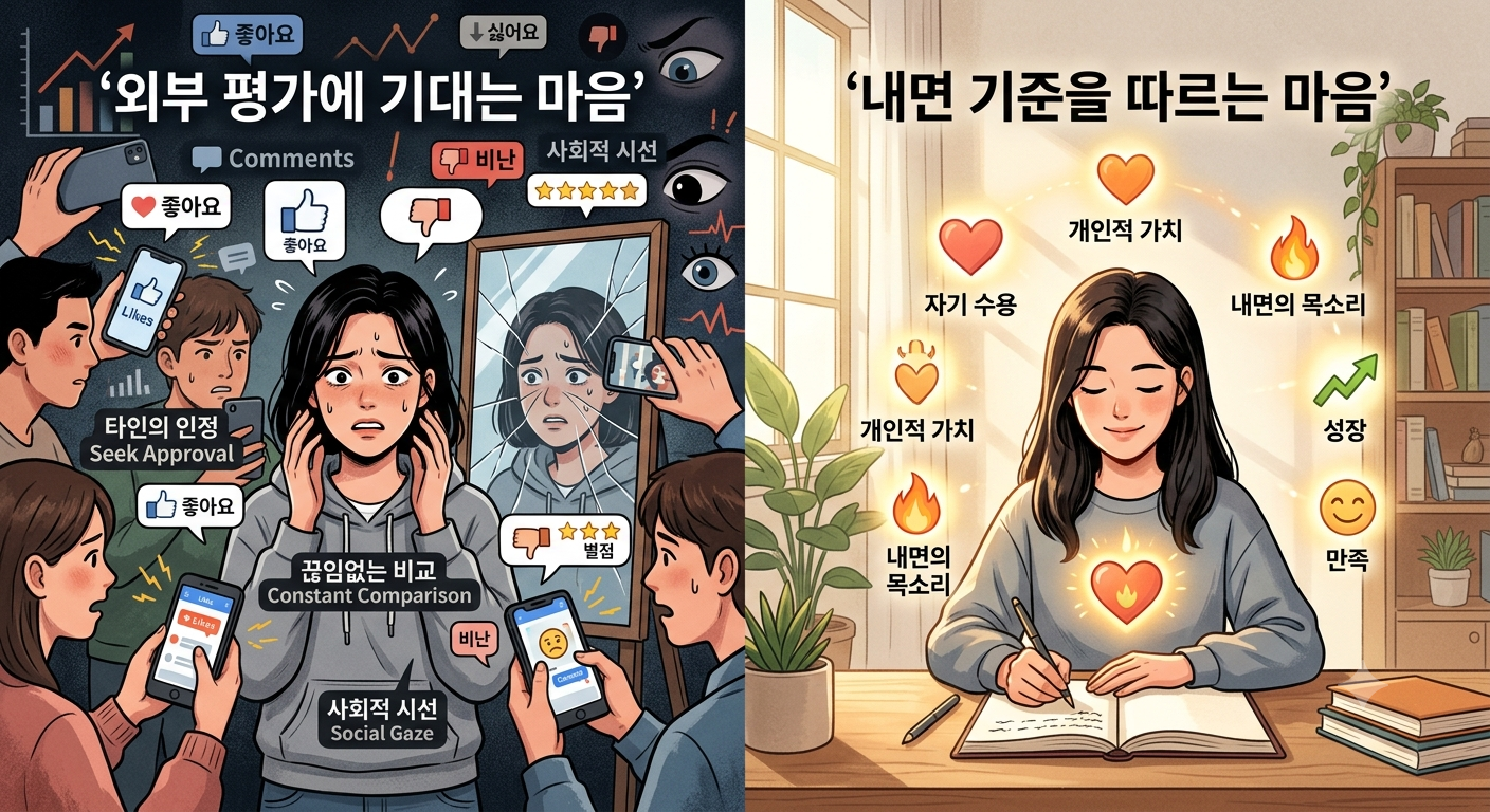 타인의 평가에 기대는 마음과 스스로를 존중하는 마음을 비교한 이미지
