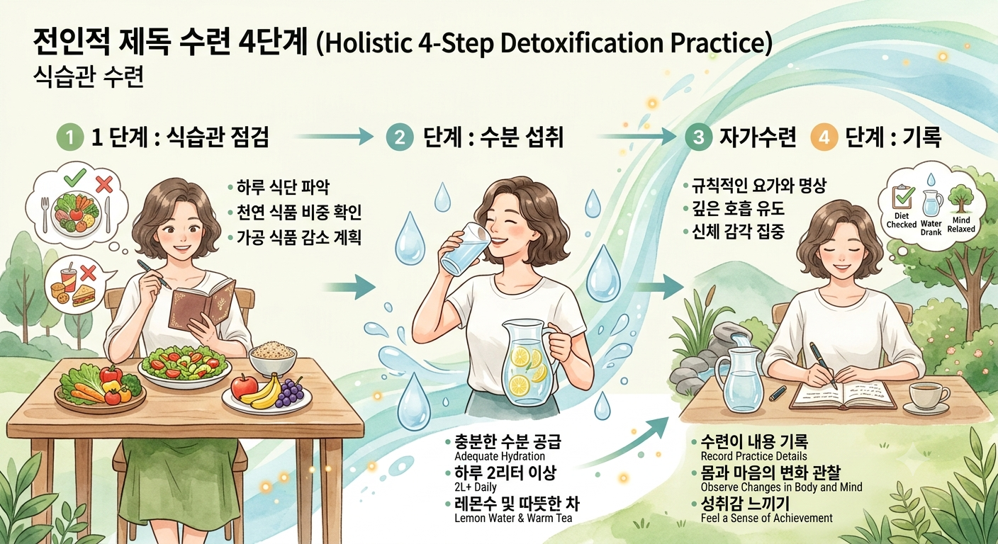 식습관 점검, 수분 섭취, 자가 수련, 기록으로 이어지는 제독 수련 4단계