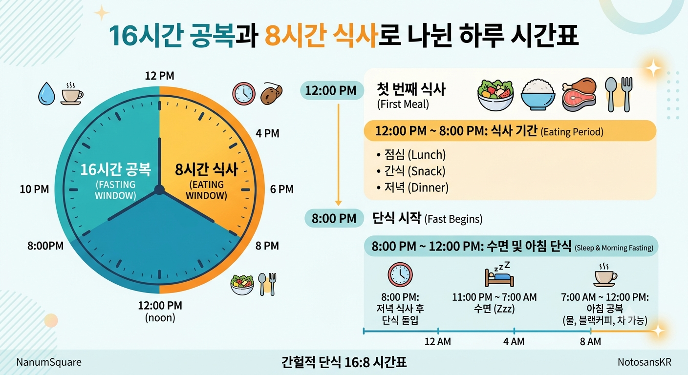 16시간 공복과 8시간 식사로 나뉜 하루 시간표