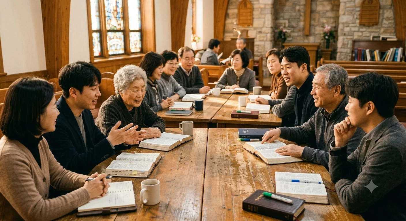 성도들이 둘러앉아 말씀과 교재를 함께 나누는 모임