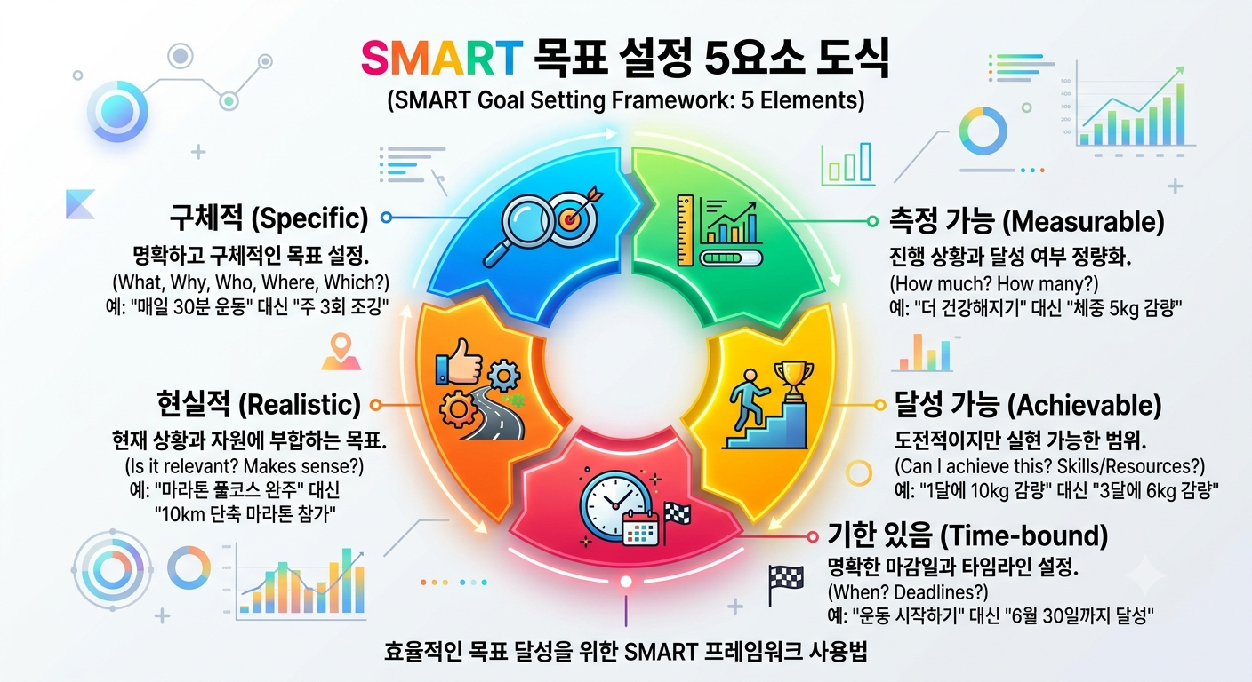 구체적·측정 가능·달성 가능·현실적·기한 있음으로 구성된 SMART 목표 설정 5요소 도식