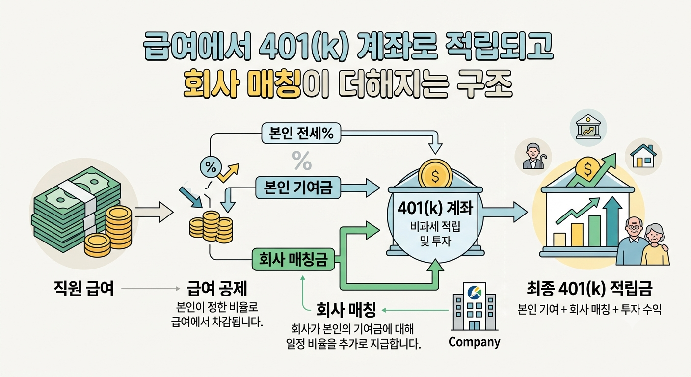 급여에서 401(k) 계좌로 적립되고 회사 매칭이 더해지는 구조